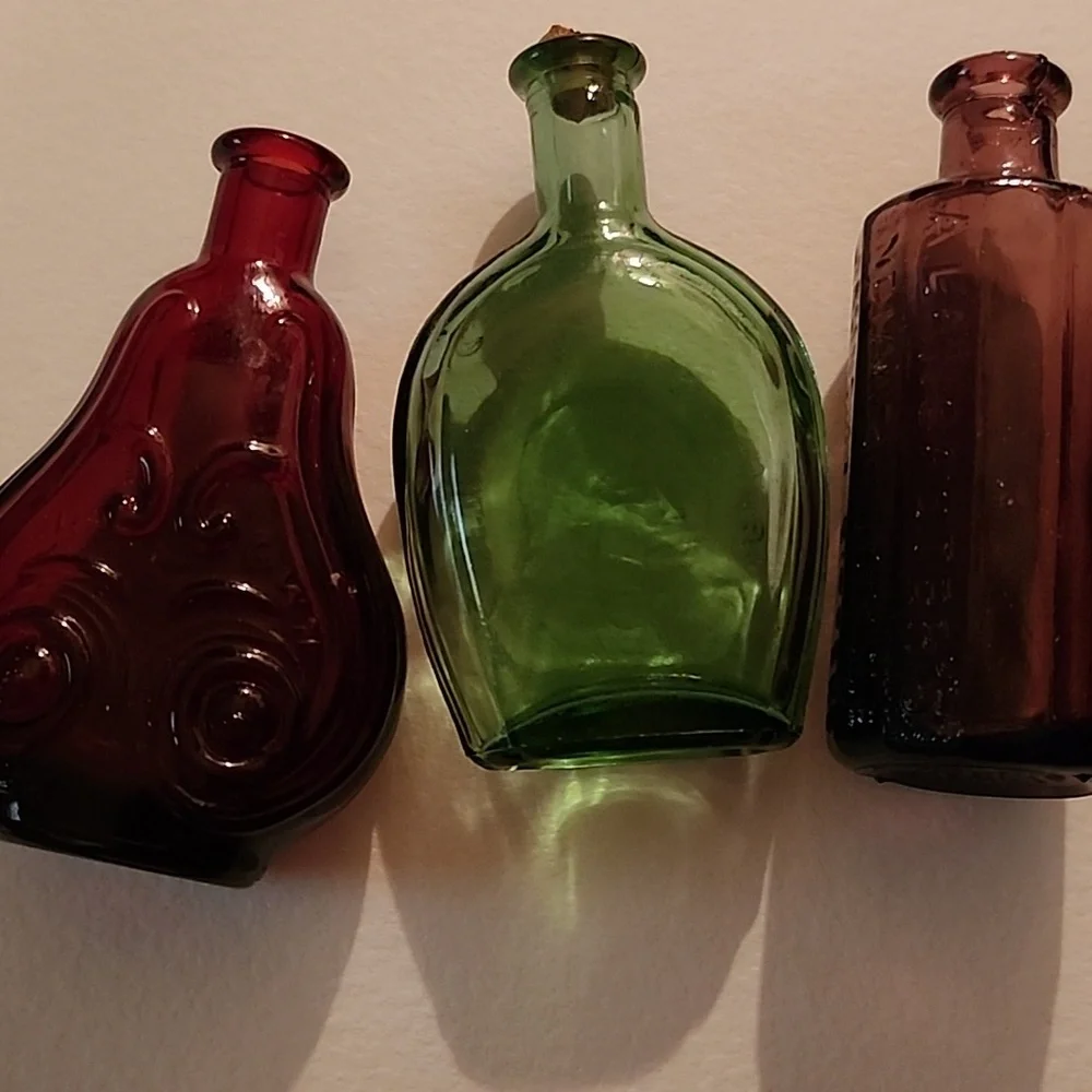 Set of Three Vintage Glass Bottles - Red, Green, and Purple - Picture 7 of 7